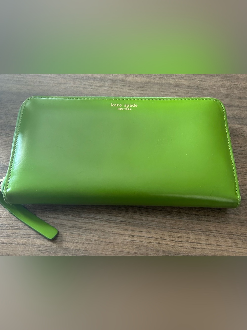 kate spade Bright Green Leather Zip Wallet with Gold Logo